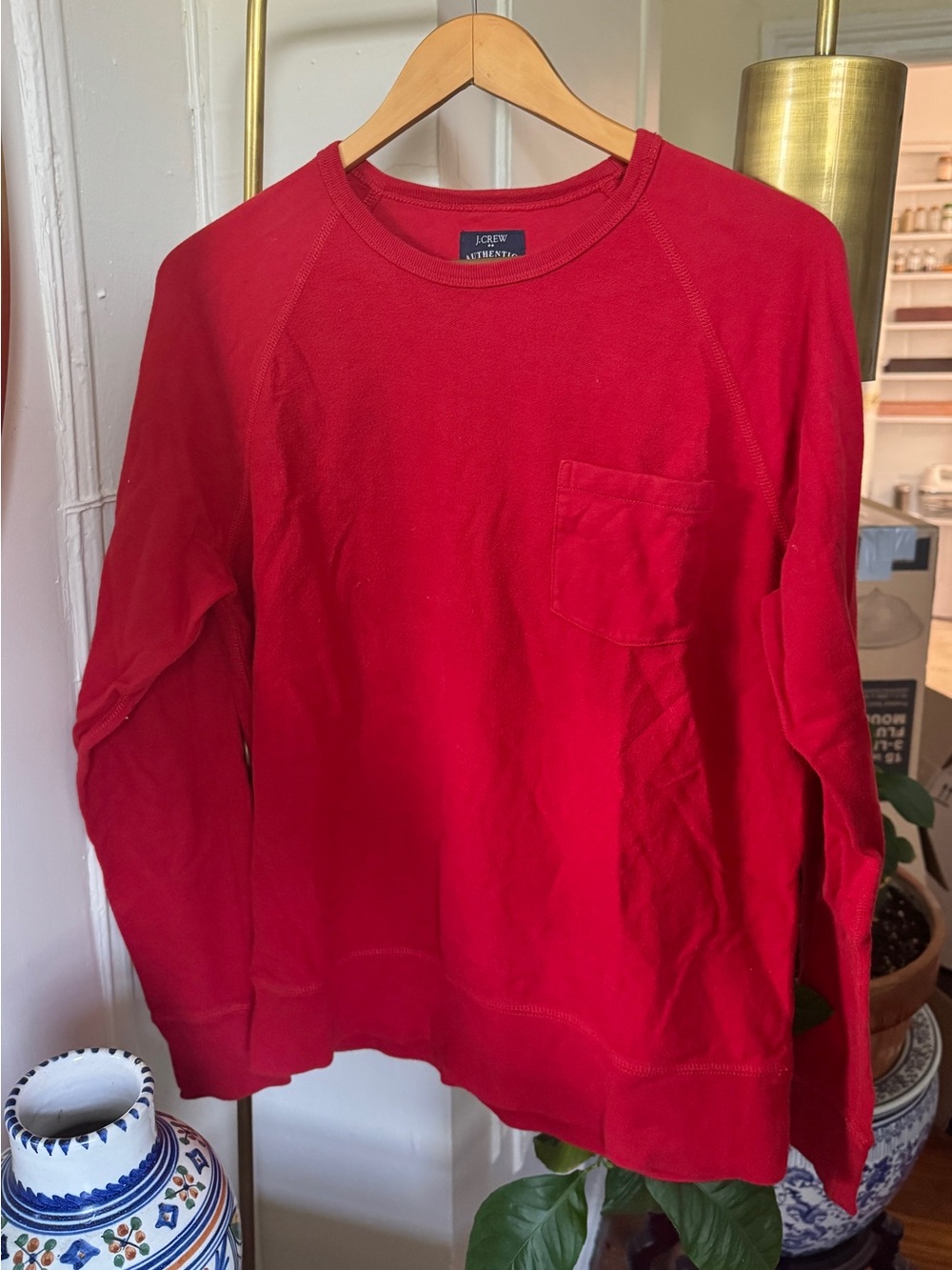 J.Crew Authentic Fleece Red Crewneck Sweatshirt Pocket Medium 100% Cotton